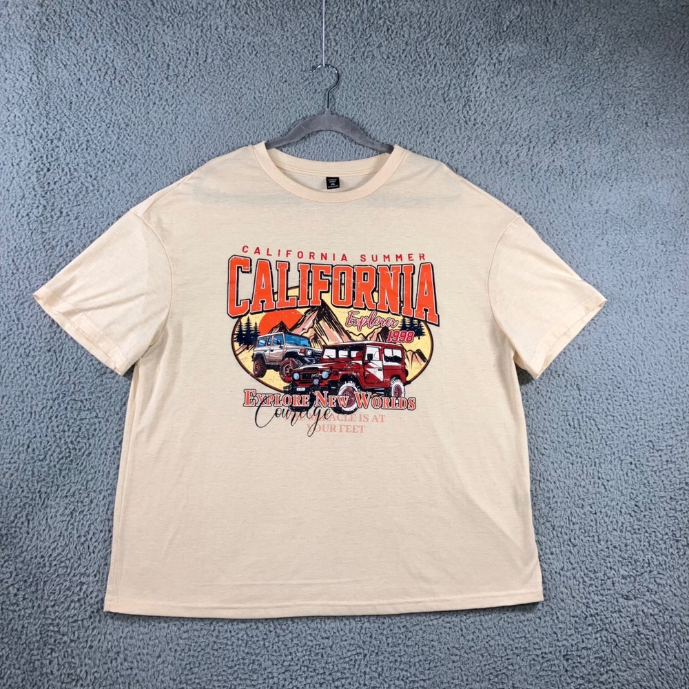 California Summer Graphic Print T Shirt Women 1XL Oversized Beige Short Sleeve